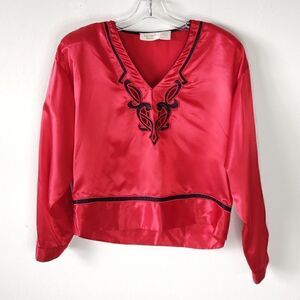 Vtg‎ Victorias Secret Top Sz PS Red Satin Gold 80s Cropped Valentines Holiday